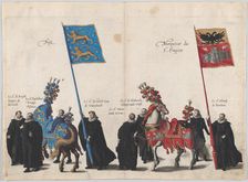 Plate 34: Men with heraldic flags and horses from Frise and the Hapsburg Empire marching i..., 1623. Creator: Cornelis Galle I