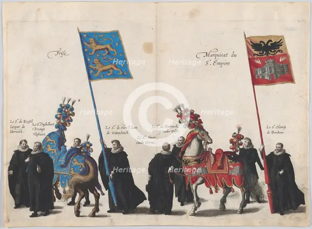 Plate 34: Men with heraldic flags and horses from Frise and the Hapsburg Empire marching i..., 1623. Creator: Cornelis Galle I.