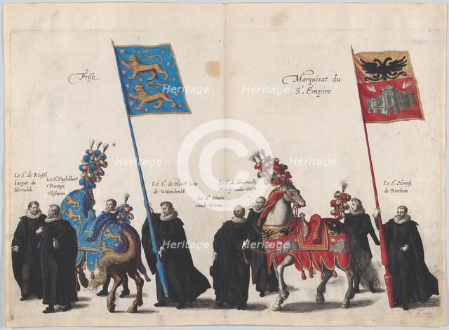 Plate 34: Men with heraldic flags and horses from Frise and the Hapsburg Empire marching i..., 1623. Creator: Cornelis Galle I.