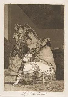 Plate 35 from Los Caprichos': She fleeces him (Le descañona.), 1799. Creator: Francisco Goya