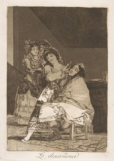 Plate 35 from Los Caprichos': She fleeces him (Le descañona.), 1799. Creator: Francisco Goya