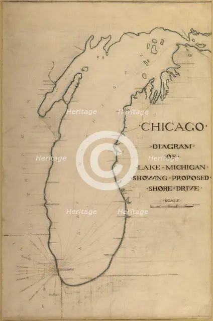 Plate 35 from Plan of Chicago 1909: Chicago, and Diagram of Lake Michigan. Proposed Roadway... Creator: Daniel Burnham.