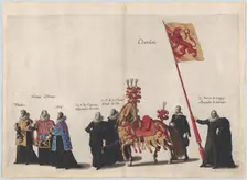 Plate 35: Men with heraldic flags and horses from Charolois marching in the funeral proces..., 1623. Creator: Cornelis Galle I