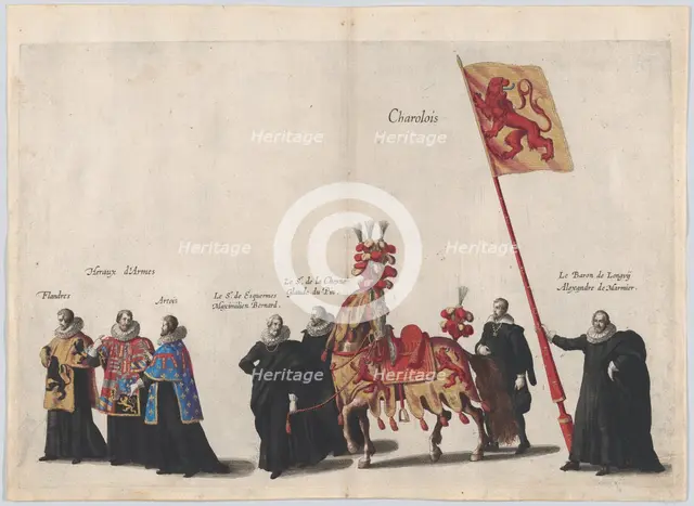 Plate 35: Men with heraldic flags and horses from Charolois marching in the funeral proces..., 1623. Creator: Cornelis Galle I.