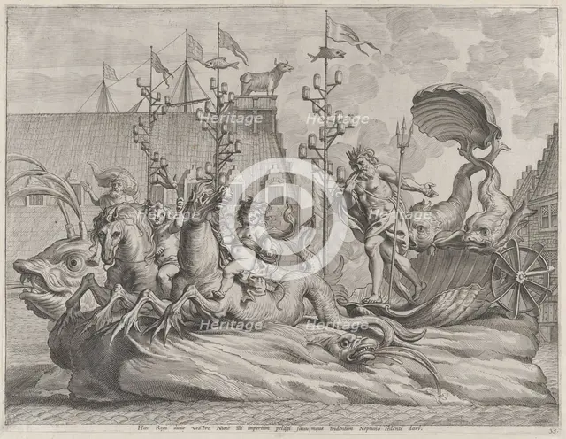 Plate 35: Philip of Spain as Neptune, riding in a chariot drawn by two sea horses; from Gu..., 1636. Creator: Pieter de Jode II.