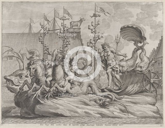 Plate 35: Philip of Spain as Neptune, riding in a chariot drawn by two sea horses; from Gu..., 1636. Creator: Pieter de Jode II.