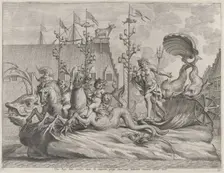 Plate 35: Philip of Spain as Neptune, riding in a chariot drawn by two sea horses; from Gu..., 1636. Creator: Pieter de Jode II