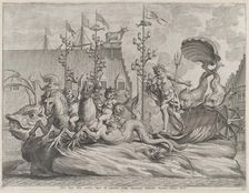 Plate 35: Philip of Spain as Neptune, riding in a chariot drawn by two sea horses; from Gu..., 1636. Creator: Pieter de Jode II