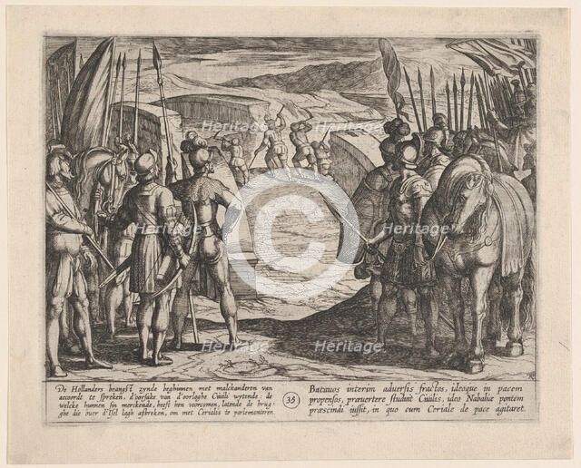 Plate 35: The Batavians Become Afraid and Begin Peace Talks, from The War of the Romans Ag..., 1611. Creator: Antonio Tempesta.