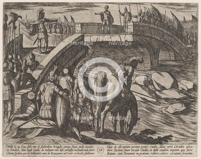 Plate 36: Civilis and Cerialis Meet on a Broken Bridge to Reach an Accord, from The War of..., 1611. Creator: Antonio Tempesta.