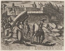 Plate 36: Civilis and Cerialis Meet on a Broken Bridge to Reach an Accord, from The War of..., 1611. Creator: Antonio Tempesta