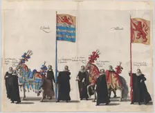 Plate 37: Men with heraldic flags and horses from Zeeland and Holland marching in the fune..., 1623. Creator: Cornelis Galle I