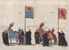 Plate 37: Men with heraldic flags and horses from Zeeland and Holland marching in the fune..., 1623. Creator: Cornelis Galle I