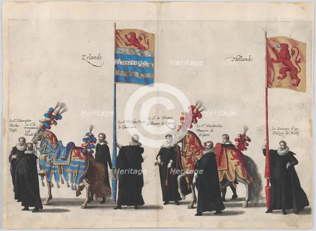 Plate 37: Men with heraldic flags and horses from Zeeland and Holland marching in the fune..., 1623. Creator: Cornelis Galle I.