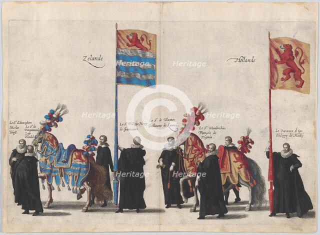 Plate 37: Men with heraldic flags and horses from Zeeland and Holland marching in the fune..., 1623. Creator: Cornelis Galle I.