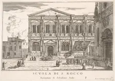 Plate 37: Side view of the school of St. Roch at left and view of facade of the church of ..., 1703. Creator: Luca Carlevarijs