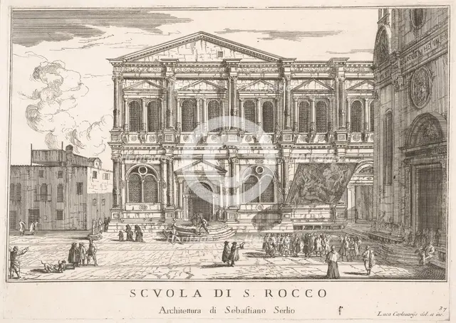 Plate 37: Side view of the school of St. Roch at left and view of facade of the church of ..., 1703. Creator: Luca Carlevarijs.