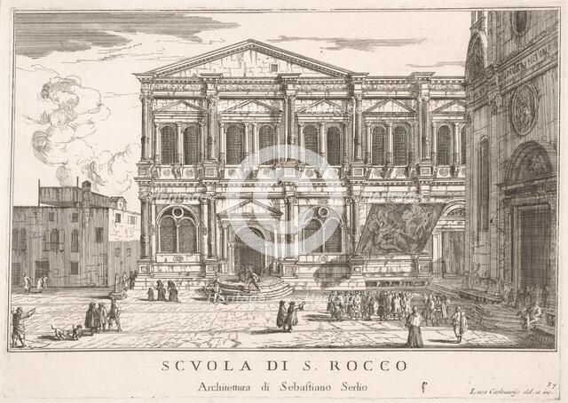 Plate 37: Side view of the school of St. Roch at left and view of facade of the church of ..., 1703. Creator: Luca Carlevarijs.