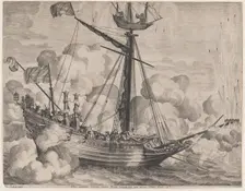 Plate 37: Triumphal ship with fireworks display to the right; from Guillielmus Becanus's ..., 1636. Creators: Jacob Neeffs, Johannes Meursius, Willem van der Beke
