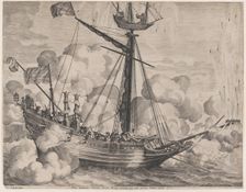 Plate 37: Triumphal ship with fireworks display to the right; from Guillielmus Becanus's ..., 1636. Creators: Jacob Neeffs, Johannes Meursius, Willem van der Beke