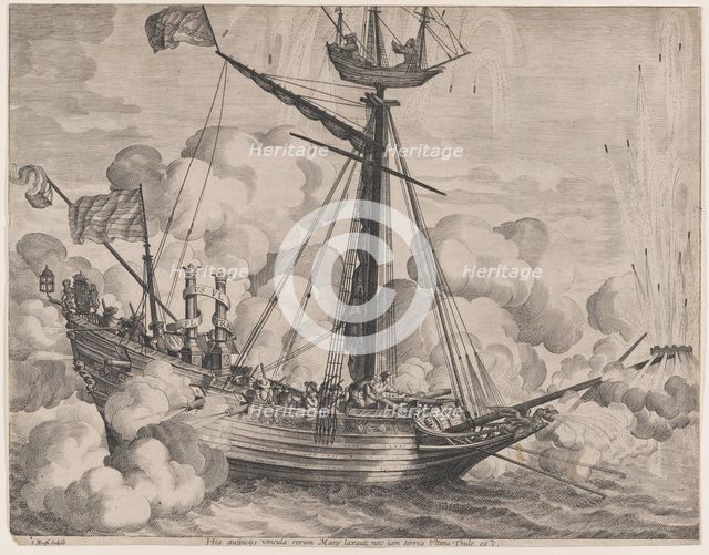 Plate 37: Triumphal ship with fireworks display to the right; from Guillielmus Becanus's '..., 1636. Creators: Jacob Neeffs, Johannes Meursius, Willem van der Beke.