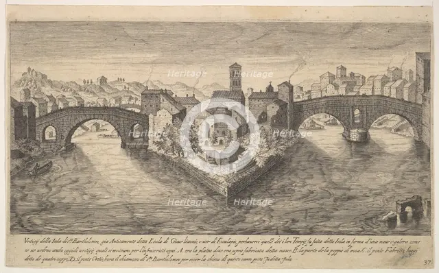 Plate 37: view of the church of San Bartolomeo all'Isola on Tiber Island, Rome, flanked by..., 1606. Creator: Aegidius Sadeler II.