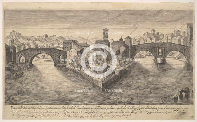 Plate 37: view of the church of San Bartolomeo all'Isola on Tiber Island, Rome, flanked by..., 1606. Creator: Aegidius Sadeler II.