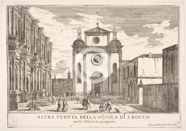 Plate 38: View of the facade of the church of St. Roch and at left the facade of the Schoo..., 1703. Creator: Luca Carlevarijs.