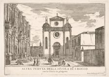 Plate 38: View of the facade of the church of St. Roch and at left the facade of the Schoo..., 1703. Creator: Luca Carlevarijs