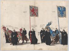 Plate 39: Men with heraldic flags and horses from Burgundy and Artois marching in the fune..., 1623. Creator: Cornelis Galle I