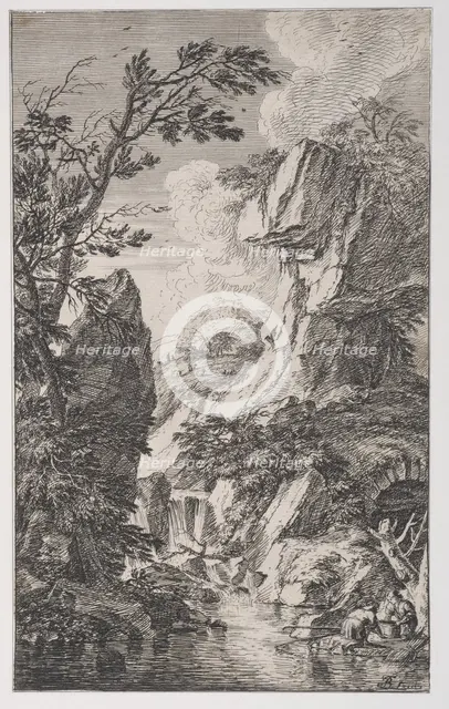 Plate 4: two fishermen on the bank of a stream at right, a waterfall at center, fro..., ca. 1700-25. Creator: Franz Joachim Beich.