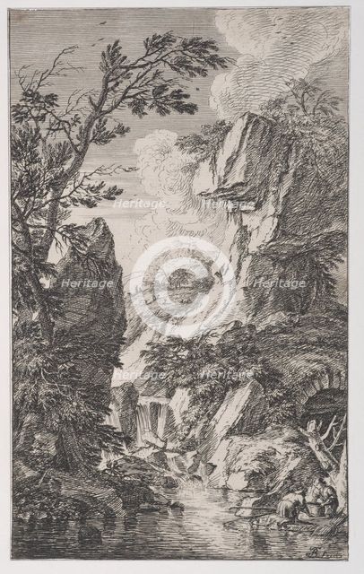 Plate 4: two fishermen on the bank of a stream at right, a waterfall at center, fro..., ca. 1700-25. Creator: Franz Joachim Beich.