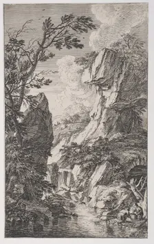Plate 4: two fishermen on the bank of a stream at right, a waterfall at center, fro..., ca. 1700-25. Creator: Franz Joachim Beich