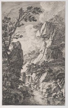 Plate 4: two fishermen on the bank of a stream at right, a waterfall at center, fro..., ca. 1700-25. Creator: Franz Joachim Beich