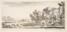 Plate 4: two pilgrims observing ruins to right, one pointing towards the right, a shep..., ca. 1641. Creator: Stefano della Bella