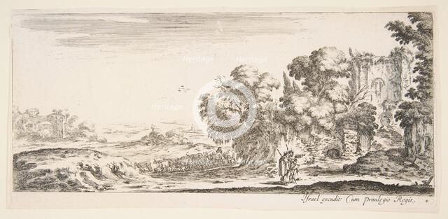 Plate 4: two pilgrims observing ruins to right, one pointing towards the right, a shep..., ca. 1641. Creator: Stefano della Bella.
