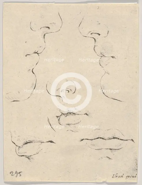 Plate 4: two profiles and three mouths, from 'The Book for Learning to Draw' (Livre po..., ca. 1649. Creator: Stefano della Bella.