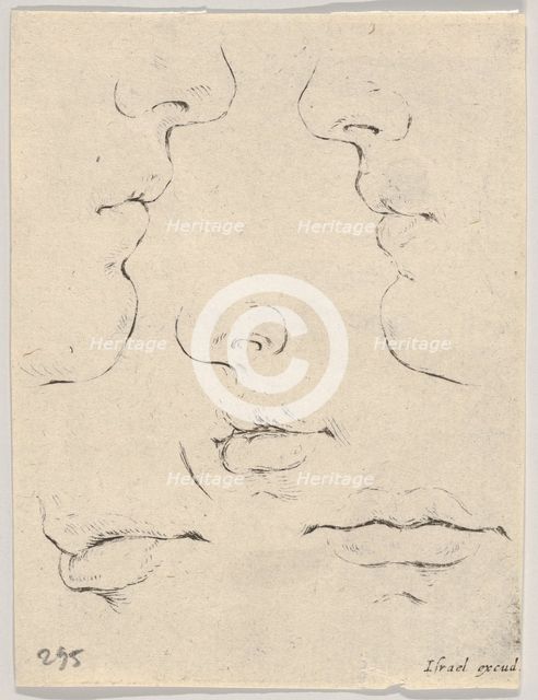 Plate 4: two profiles and three mouths, from 'The Book for Learning to Draw' (Livre po..., ca. 1649. Creator: Stefano della Bella.