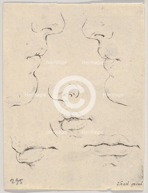 Plate 4: two profiles and three mouths, from 'The Book for Learning to Draw' (Livre po..., ca. 1649. Creator: Stefano della Bella.
