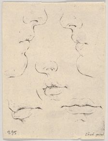 Plate 4: two profiles and three mouths, from The Book for Learning to Draw (Livre po..., ca. 1649. Creator: Stefano della Bella