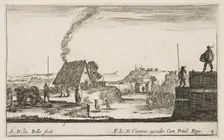 Plate 4: A military encampment with a soldier standing on a parapet to the right beati..., ca. 1641. Creator: Stefano della Bella
