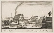 Plate 4: A military encampment with a soldier standing on a parapet to the right beati..., ca. 1641. Creator: Stefano della Bella