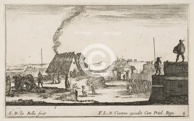 Plate 4: A military encampment with a soldier standing on a parapet to the right beati..., ca. 1641. Creator: Stefano della Bella.
