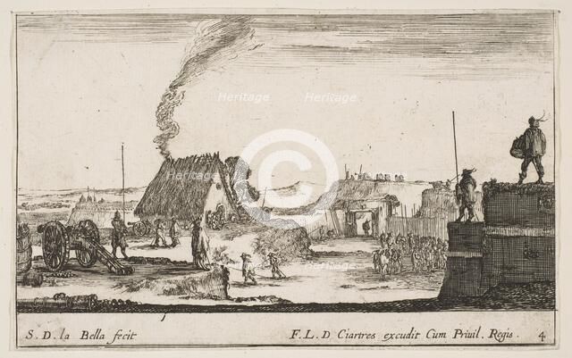 Plate 4: A military encampment with a soldier standing on a parapet to the right beati..., ca. 1641. Creator: Stefano della Bella.