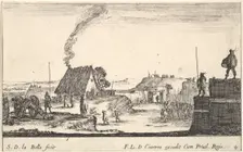 Plate 4: A military encampment with a soldier standing on a parapet to the right beati..., ca. 1641. Creator: Stefano della Bella