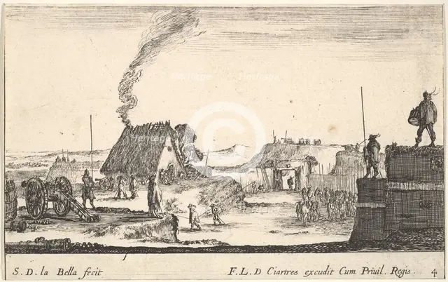 Plate 4: A military encampment with a soldier standing on a parapet to the right beati..., ca. 1641. Creator: Stefano della Bella.