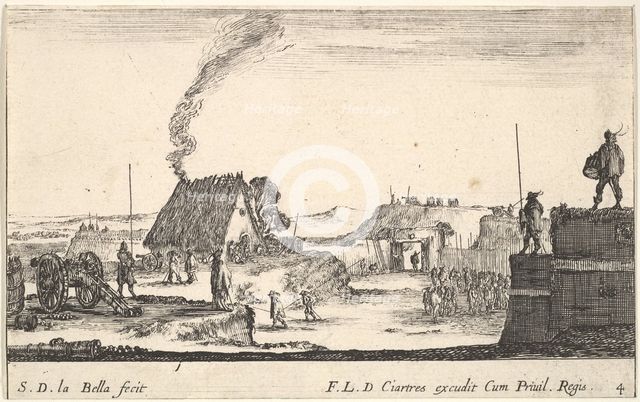 Plate 4: A military encampment with a soldier standing on a parapet to the right beati..., ca. 1641. Creator: Stefano della Bella.