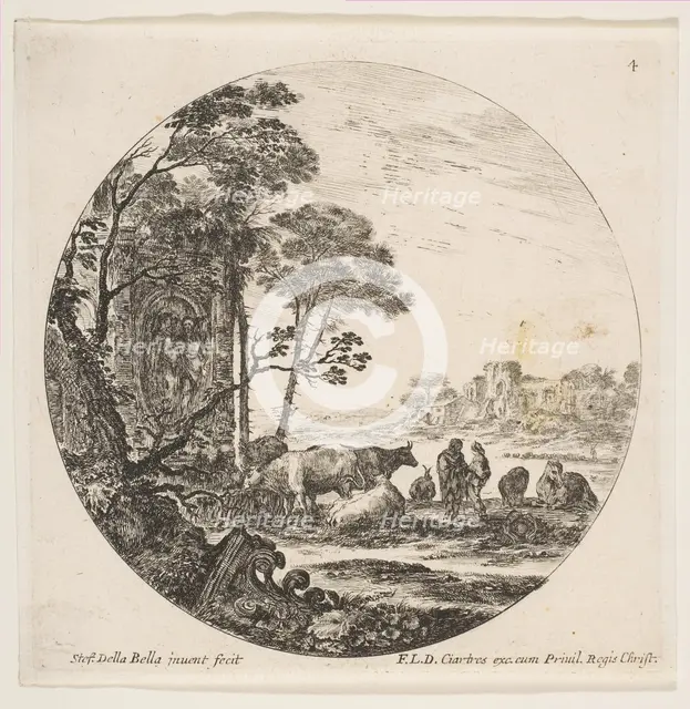Plate 4: a Corinthian capital on the ground at left, a monument with figures in low re..., ca. 1646. Creator: Stefano della Bella.