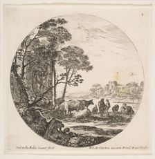 Plate 4: a Corinthian capital on the ground at left, a monument with figures in low re..., ca. 1646. Creator: Stefano della Bella