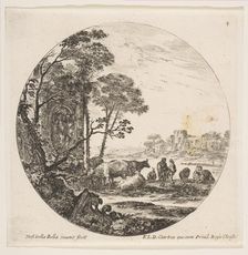 Plate 4: a Corinthian capital on the ground at left, a monument with figures in low re..., ca. 1646. Creator: Stefano della Bella